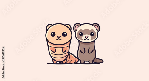 Two cartoon ferrets, one in a curled position, stand side by side on a neutral background