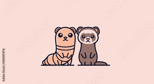 Two cartoon ferrets, one light brown and the other dark, stand facing forward