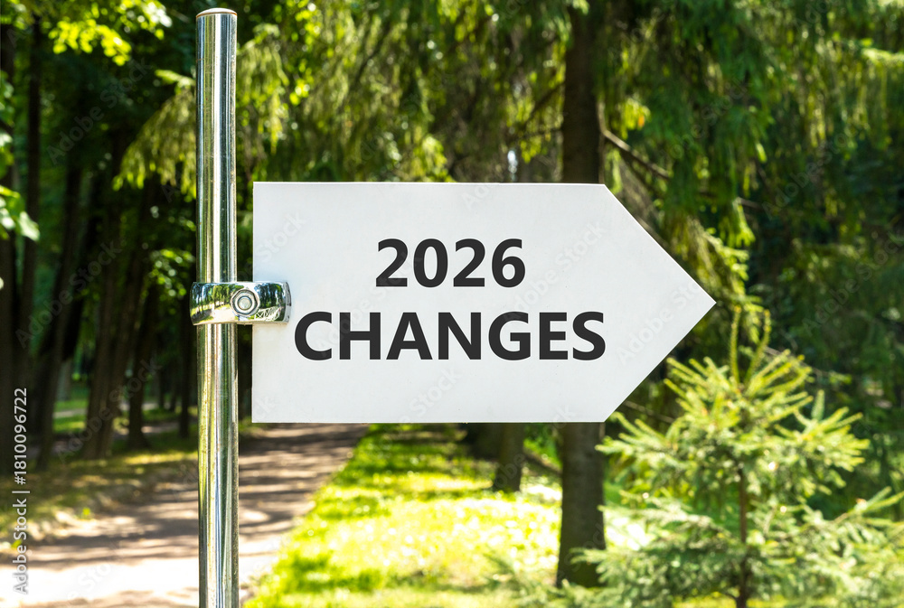 Fototapeta premium 2026 Changes symbol. Concept words 2026 Changes on beautiful white road sign. Beautiful summer green forest garden background. Business and 2026 changes concept. Copy space.