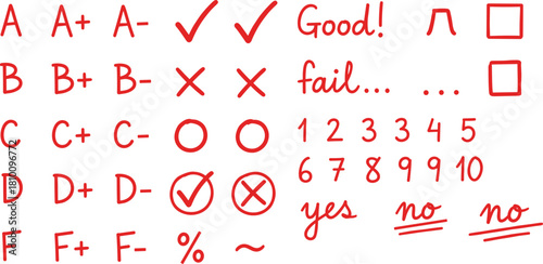 Handwritten red grading marks and symbols on white background