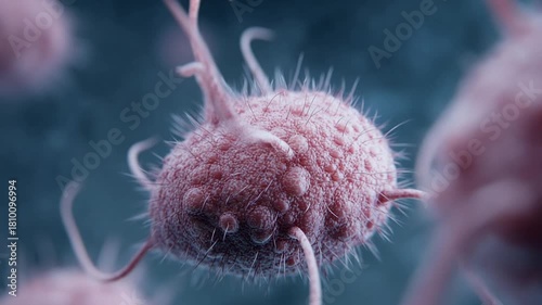 A funny pink virus with a rounded body and big blinking eyes, concept of microbiology, medicine, viruses, bacteria, and microbes