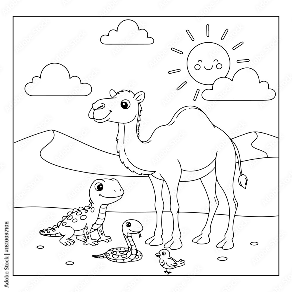 Fototapeta premium Lizard, Camel, Snake & Bird Desert Dunes Coloring Page
