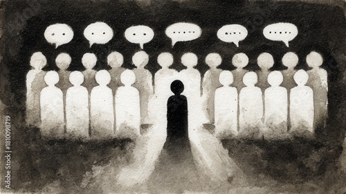 Darkly contrasted figures illustrate group interaction and individual isolation within a communication setting