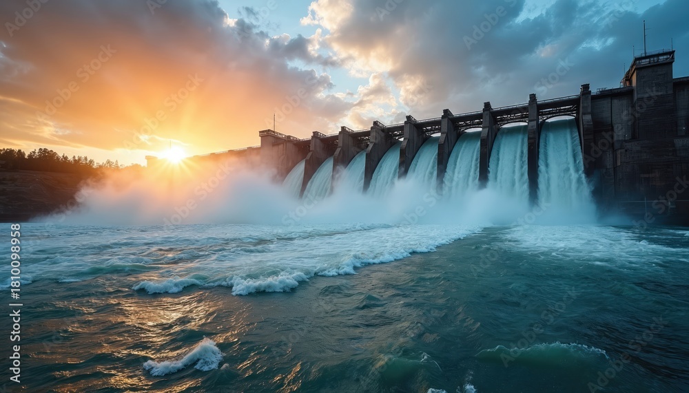 Fototapeta premium Massive concrete dam releases powerful water flow from reservoir into river below. Powerful hydro power plant operates at sunset with sun rays illuminating mist over water cascades.