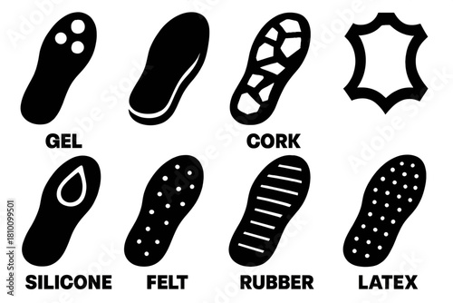 Comfort Insole Icons. Comfort insole materials silhouette set: gel, foam, cork, leather, silicone, felt, rubber, latex.