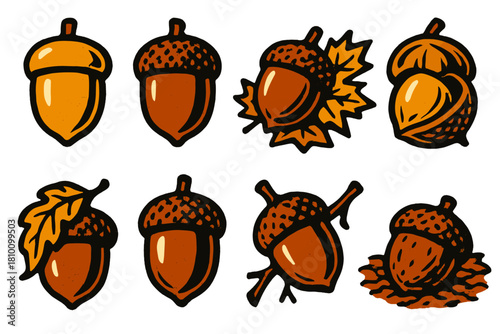Bold Acorn Icons. Autumn acorns set silhouette set: golden acorn, red-brown acorn, acorn on fallen leaves, cracked shell with nut, acorn with curled leaf, shiny polished acorn,