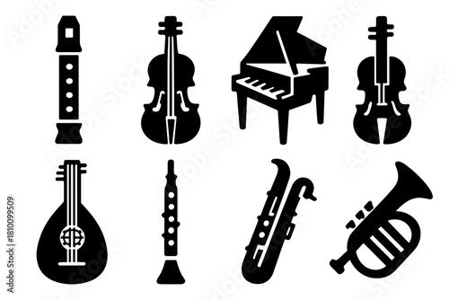 Baroque Instrument Icons. Baroque ensemble instruments silhouette set: recorder, violin, harpsichord, cello, lute, oboe, bassoon, trumpet.