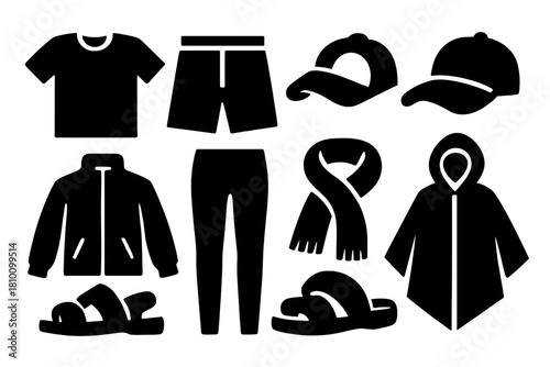 Bold Fashion Icons. Lightweight clothing collection silhouette set: t-shirt, shorts, sandals, cap, jacket, leggings, scarf, rain poncho.