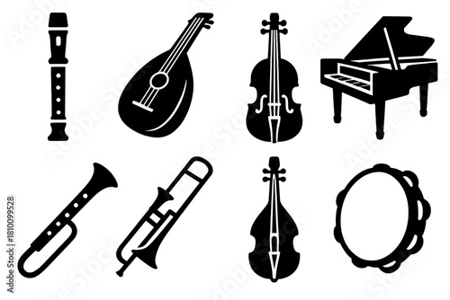 Bold Early Music Icons. Early music performance silhouette set: recorder, lute, viola da gamba, harpsichord, cornett, sackbut, rebec, tambourine.