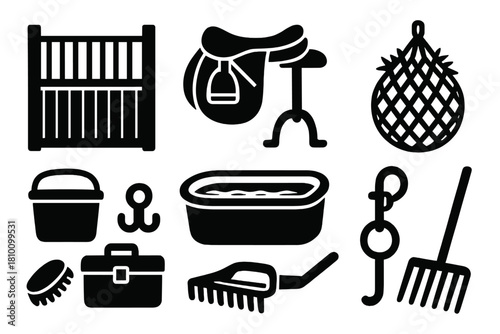 Brutalist Stable Icons. Equestrian stable essentials silhouette set: horse stall, saddle rack, feed bucket, hay net, grooming kit, water trough, bridle hook, muck rake.