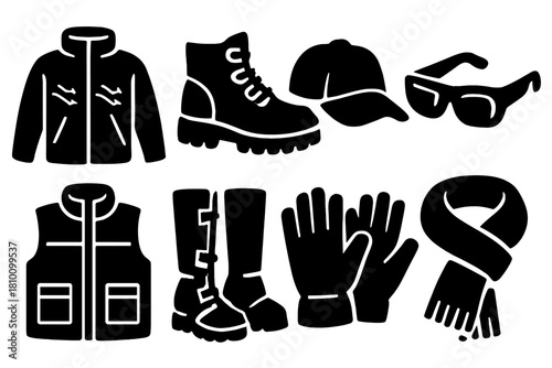 Brutalist Outdoor Gear Icons. Breathable outdoor wear silhouette set: windbreaker, hiking boots, cap, sunglasses, vest, gaiters, gloves, scarf.