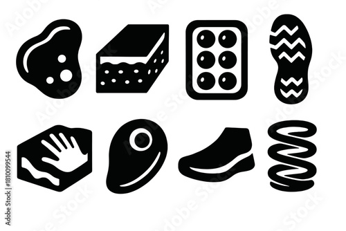 Shock Absorption Icons. Shock absorption materials silhouette set: gel pad, foam layer, air cushion, rubber sole, memory foam, silicone insert, EVA midsole, spring coil.