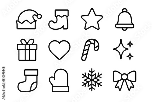 Christmas Elves Icons. Christmas Elves Minimal Line Icons outline icons: elf hat, boot, star, bell, gift, heart, candy, sparkle, stocking, mitten, snowflake, bow.