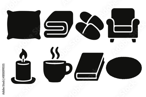 Brutalist Comfort Icons. Comfort lifestyle set silhouette set: pillow, blanket, slippers, armchair, candle, tea cup, book, soft rug.