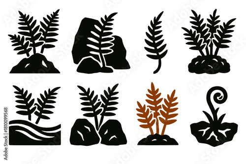 Brutalist Fern Icons. Mountain fern set silhouette set: alpine fern, small rock fern, dry fern leaf, fern with moss base, fern near stream, fern growing between stones, reddish