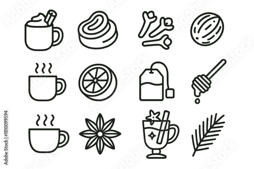 Winter Spice Icons. Spiced Drinks outline icons: hot chocolate, cinnamon swirl, clove, nutmeg, steaming mug, orange slice, tea bag, honey spoon, cup with steam, star anise, festive