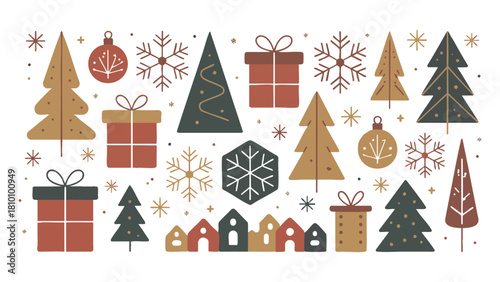 Modern Boho Christmas and Winter Abstract Icons Set - Earthy Tone Xmas Tree, Snowflake, Gift Box, and Nordic Village Solid Vector Collection