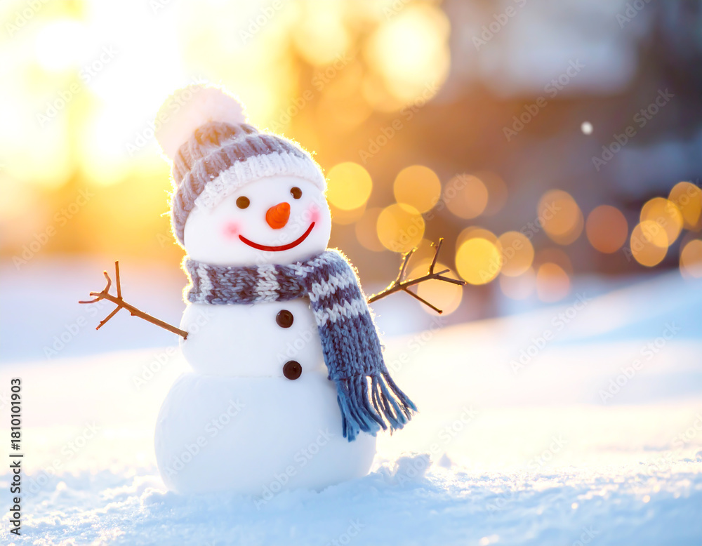Naklejka premium Schneemann in Winterlandschaft, Sonnenschein 