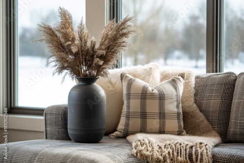 Modern Living Room Decor Featuring a Black Vase With Pampas Grass and Cozy Accents During Winter