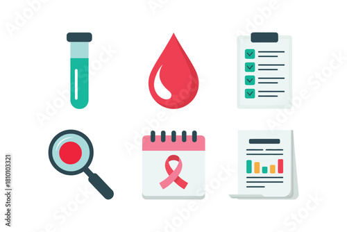 Healthcare screening icons, sample test tube, blood donation drop, checklist, research magnifier, awareness calendar, diagnostic report chart vector