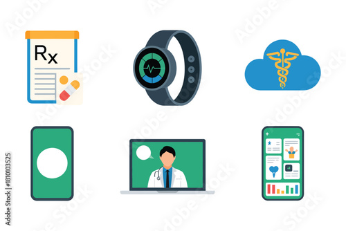 Digital health tools, e prescription app, smartwatch monitor, patient record card, doctor video call, mobile care vector