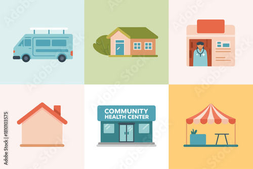 Community health services icons, ambulance vehicle, neighborhood clinic building, patient registration desk, outreach tent, public care facilities vector