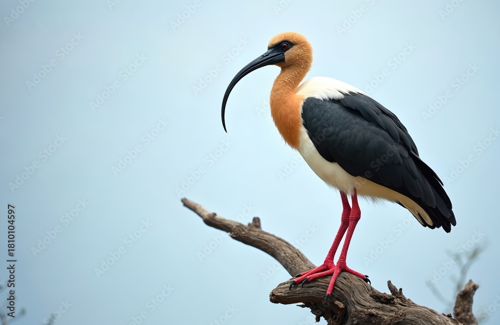 Fototapeta premium Buff-necked ibis bird perched on dead wood branch against pale blue sky. Long curved black beak and red legs are prominent features of this wild avian creature.