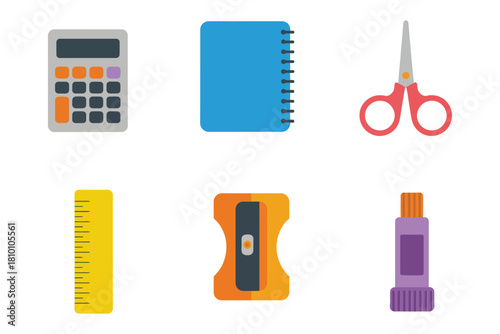 Math and study icons, calculator keypad, spiral notebook, classroom scissors, measuring ruler, pencil sharpener, glue bottle vector