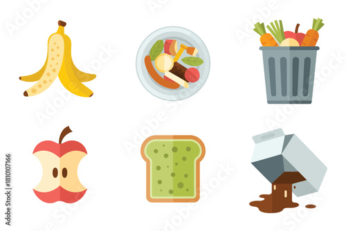Spoiled food disposal icons, banana peel, plate scraps, garbage can, apple core, moldy bread, leaking carton, vector