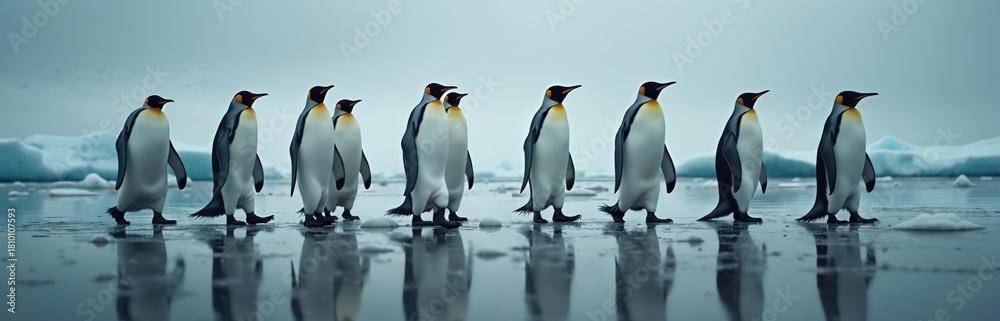 Obraz premium Group of emperor penguins walks in line across icy water with reflections. Arctic birds march on frozen surface. Icebergs float in cold ocean environment under pale sky. Wildlife in polar region.