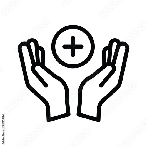 Outline icon of two cupped hands holding a circle with a plus sign inside, isolated on