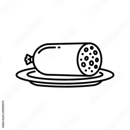 Black and white line art icon of a sliced sausage or salami served on a small plate, isolated on