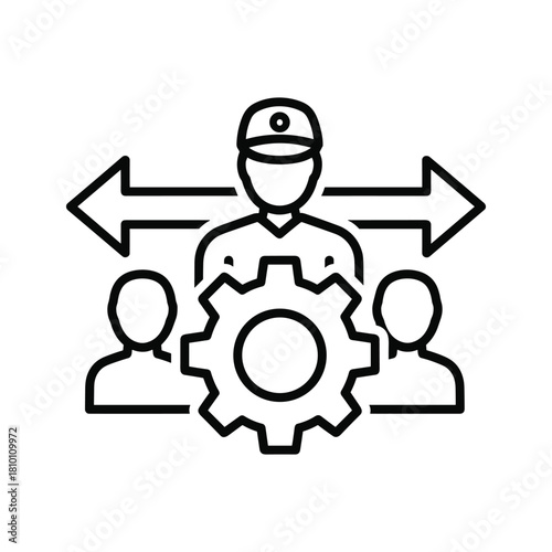 Team management and coordination icon with worker, gear, and bidirectional arrows, isolated on