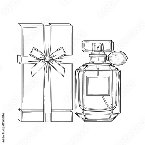 Black and white line art drawing of a luxury perfume bottle next to its gift box with a bow, isolated on