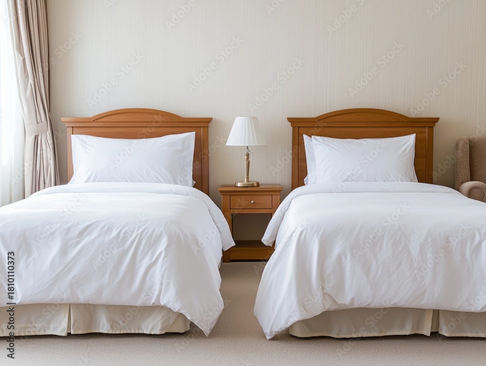 Obraz premium A cozy hotel room featuring two neatly made twin beds with white linens, a bedside lamp, and a warm atmosphere.