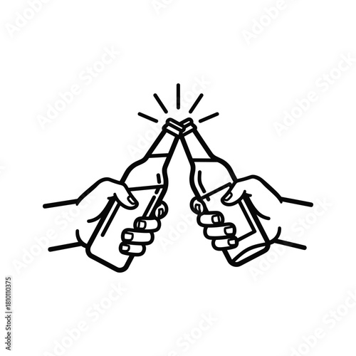 Two hands clinking beer bottles together in a toast, simple black and white line art icon isolated on