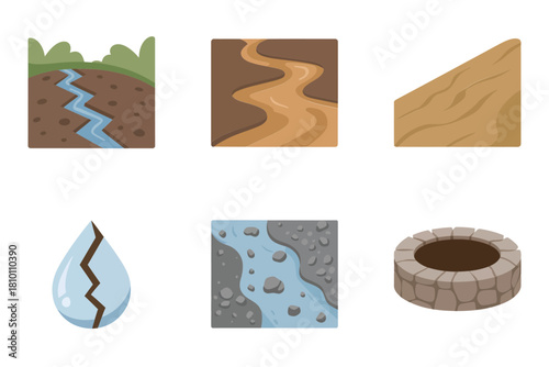 Soil erosion elements, muddy river channel, rocky path texture, wooden slope board, cracked droplet, stone pavement, well rim