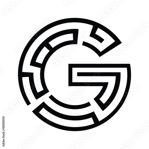Black and white circular maze logo design shaped like the letter g isolated on