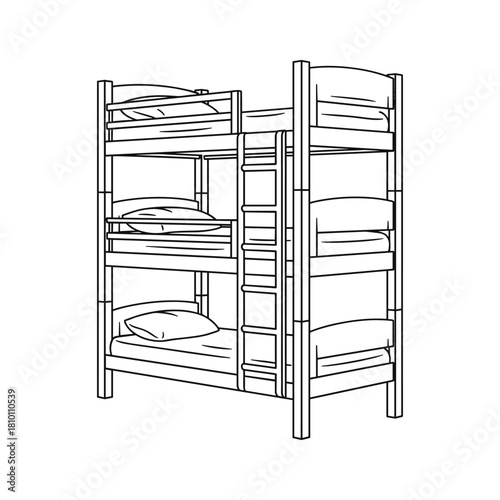 Line art illustration of a wooden triple bunk bed with ladder, isolated on
