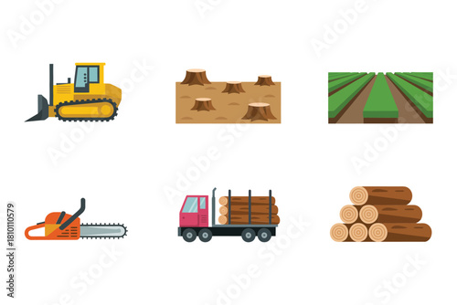 Deforestation and logging icons, bulldozer clearing land, chainsaw tool, timber truck, stacked logs, environmental impact, vector