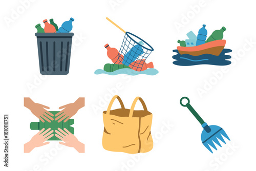 Anti plastic pollution icons, overflowing trash bin, cart in water, floating litter, crossed hands, reusable bag, cleanup vector
