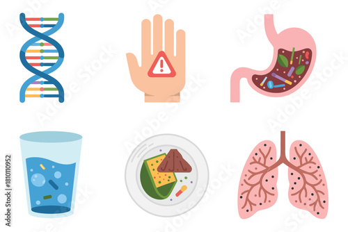 Medical awareness icons, dna strand, warning hand, stomach with microplastics, safe drinking water, nutritious meal, human lungs vector