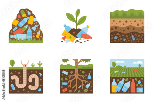 Microplastics in soil cross section, plant roots and worms, contaminated layers, groundwater channels, environmental pollution illustration vector
