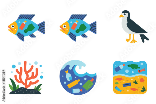 Sea animals and pollution, colorful fish, coral reef, crashing wave with trash, aquarium scene, environmental awareness vector collection