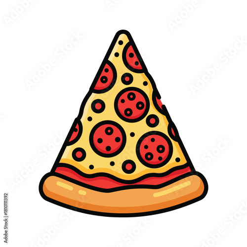 Cute cartoon slice of pepperoni pizza with cheese and tomato sauce isolated on