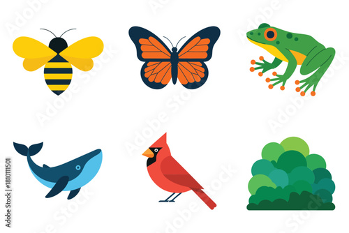 Nature fauna collection, bumblebee, monarch butterfly, bright green frog, graceful whale, cardinal bird, leafy bush, habitat protection vector