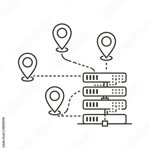 Line icon representing distributed server network connection with multiple location pins symbolizing data distribution or remote access