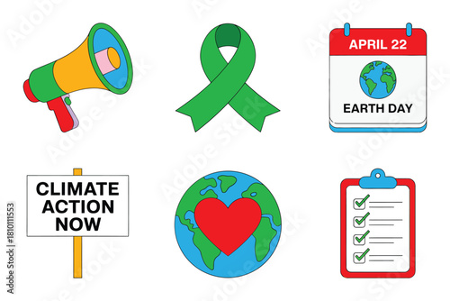 Climate action awareness pack, advocacy megaphone, green ribbon, earth day calendar, heart globe badge, compliance checklist board, vector