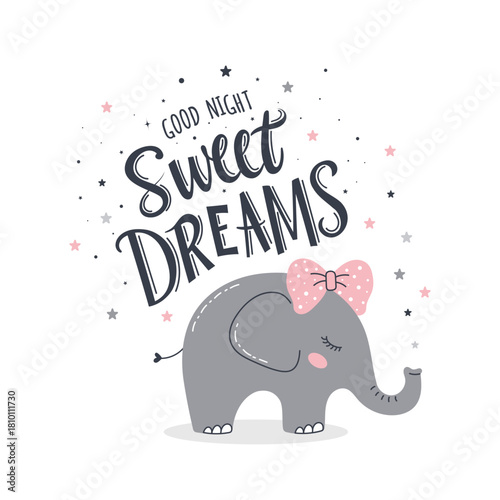 Cute baby elephant with a bow under the stars. Template for a nursery room, poster, or card in a delicate pink and gray color scheme with expressive handwritten calligraphy Good night, sweet dreams