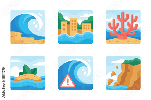 Coastal risk tiles, storm waves, seaside city flooding, coral reef danger, island surge, cliff erosion monitor